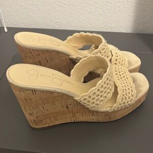 Jessica Simpson Cream Crochet Cork Wedge Slides